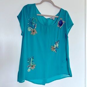 Forever 21 Turquoise Embellished Beaded Button Top Turquoise L